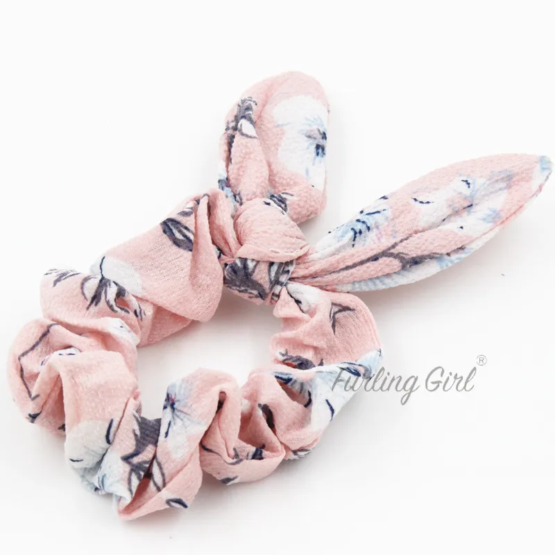 Furling Girl 1 PC Floral Chiffon Fabric Bunny Ears Elastic Hair Bands Peach Flower Design Rabbit Ears Hair Bow Hair Accessories