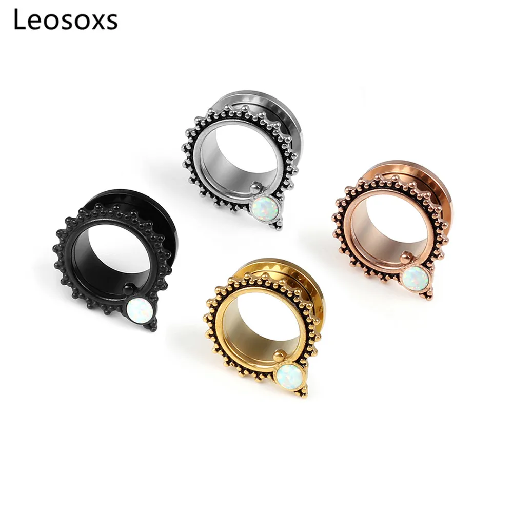 Leosoxs 1 pair Stainless Steel Ear Plugs Opal Ear Tunnels Screw Back Design Body Piercing Jewelry for Women Men