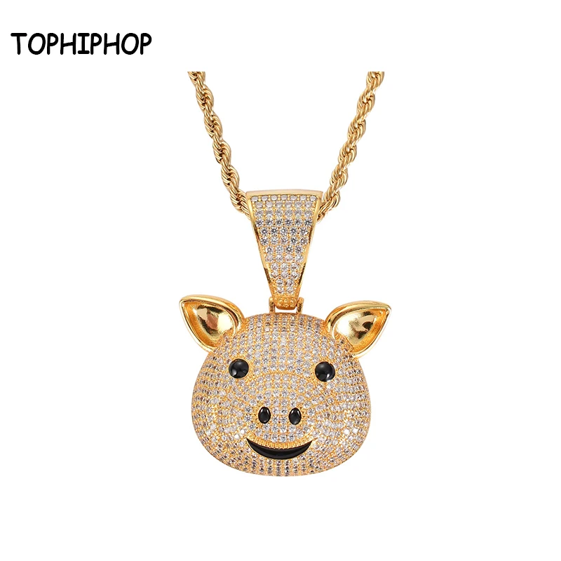 

TOPHIPHOP Animal Pig Smile Pendant High Quality Ice Out AAA + Zircon Men's and Women's Necklace Hip Hop Jewelry Gifts