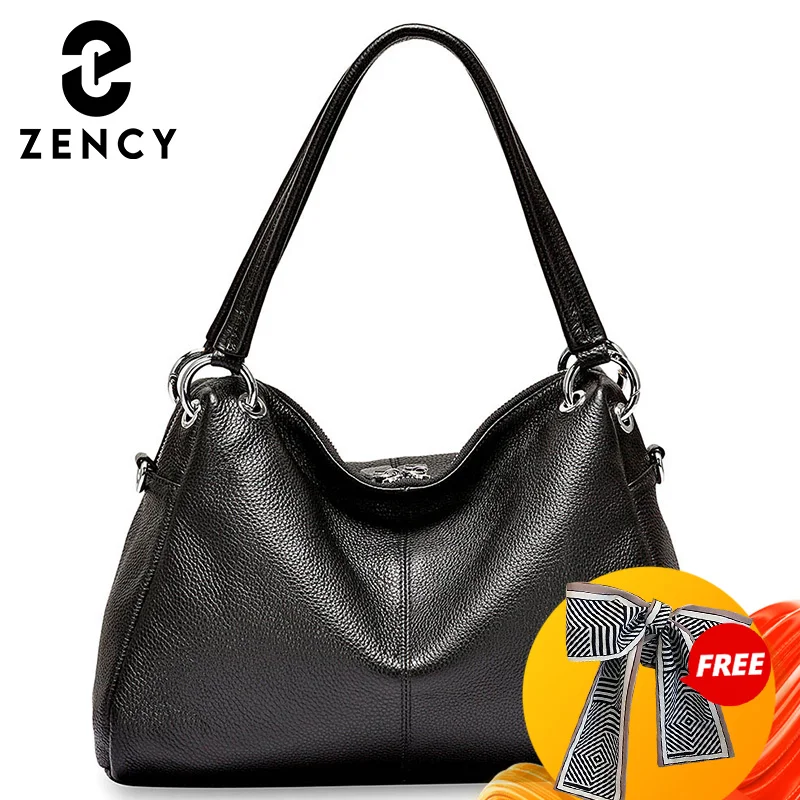 Zency Fashion Hobos 100% Genuine Leather Soft Skin Women Shoulder Bag Classic Black Elegant Lady Crossbody Purse Tote Handbag