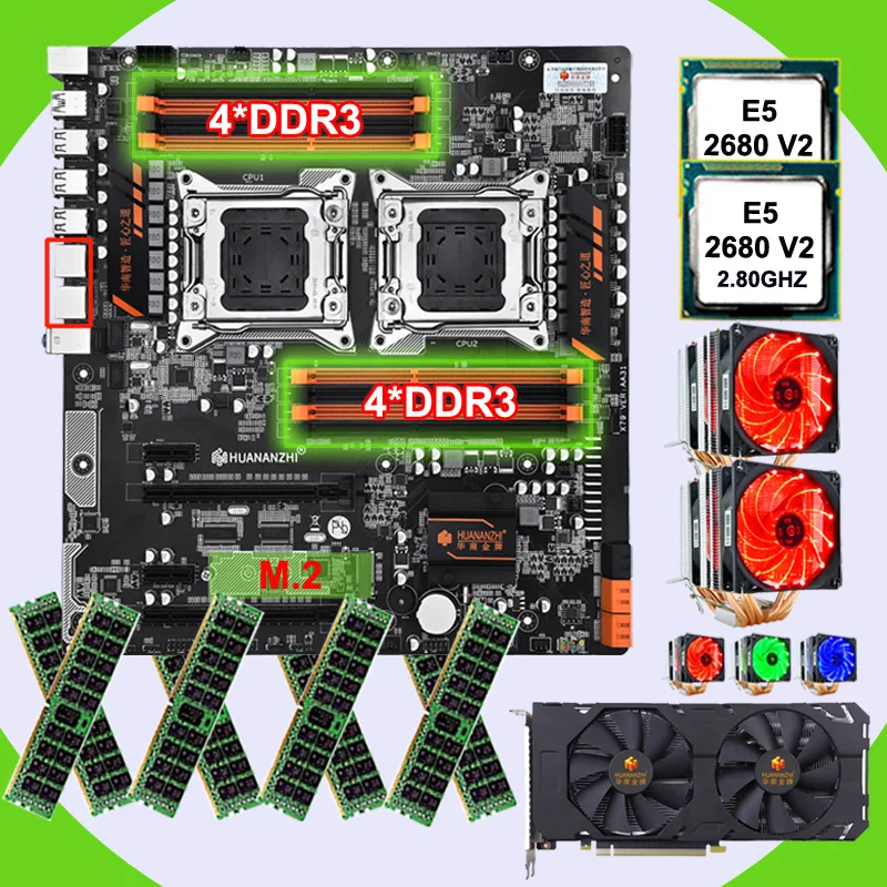 

HUANANZHI dual X79 motherboard with 8 DDR3 DIMMs dual CPU Xeon E5 2680 V2 with coolers RAM 128G(8*16G) video card GTX1660 6GD6