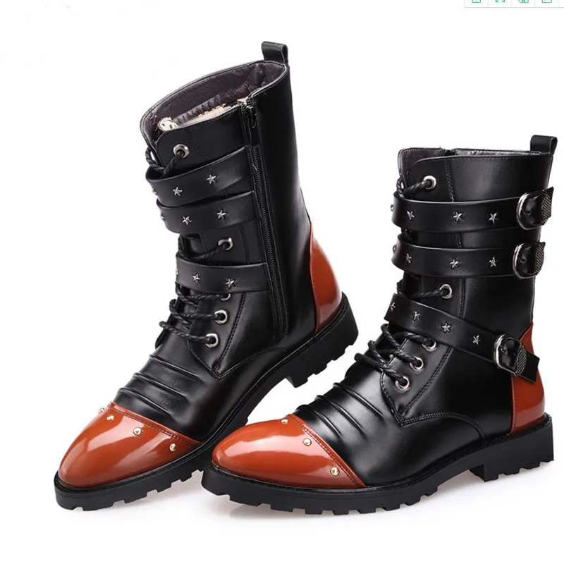 New Style Autumn Winter Punk  Boots Men Fashion Microfiber  Leather Motorcycle Boots Black Vintage High Top Buckle Boots