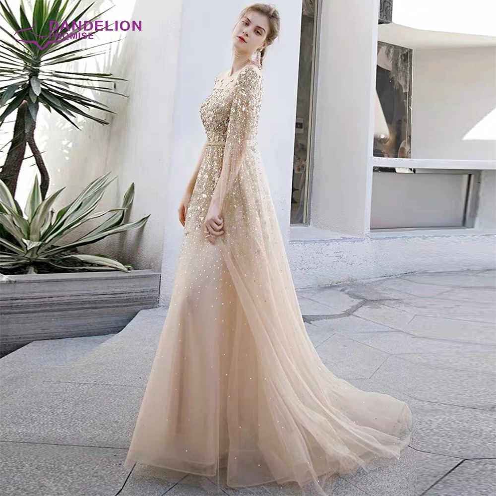 Luxe O-hals Avondjurk 2021 A-lijn Pailletten Crystal Tulle Kralen Met Cap Lange Mouwen Prom Formele Gowns