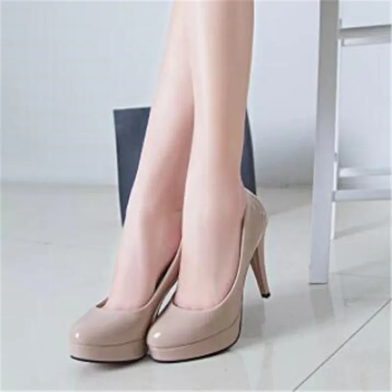 Fashion Mature Women Pumps Classic Patent Leather High Heels Shoes Nude Sharp Head Paltform Wedding Women Dress Shoes Plus 34-42