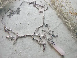 Pink Rose Crystal Branches Necklace Witch Pendant Forest Jewelry Twig Gothic Jewelry Wedding Magic Wicca Pagan Charm Women Gift