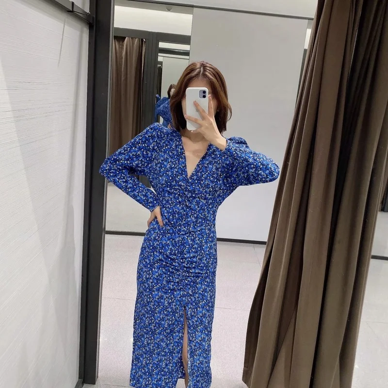 

Ladies Vintage Sweet Long Sleeve Back Zipper Chic New Split Dresses 2023 Women Sexy V Neck Flower Print Pleated Blue Midi Dress