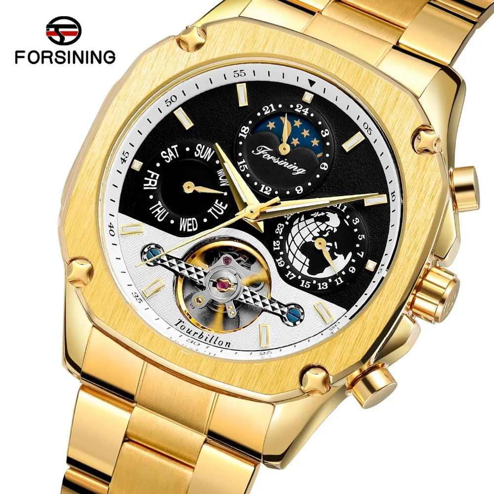 Imagem -06 - Forsining-men Tourbillon Moon Phase Relógio Mecânico Relógio Automático Aço Inoxidável Relógio de Pulso Golden Dial Moda Nova Chegada