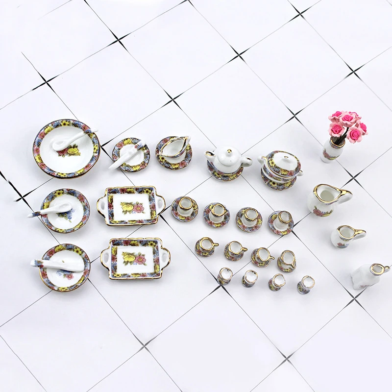 40Pcs 1/12 Dollhouse Miniature Accessories Mini Dinnerware Set Simulation Plate bowl Spoon Vase Model for Doll House Decoration