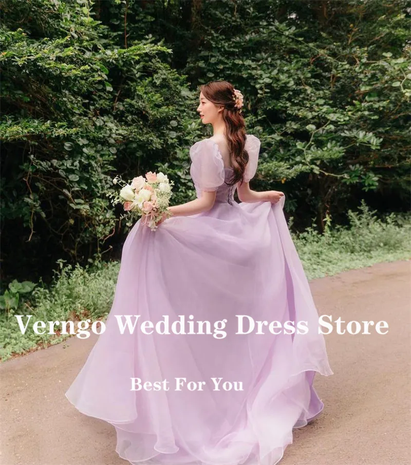 Verngo Lavender A Line Organza Long Prom Dresses Puff Sleeves Floor Length Evening Gown Garden Bride Formal Party Dress