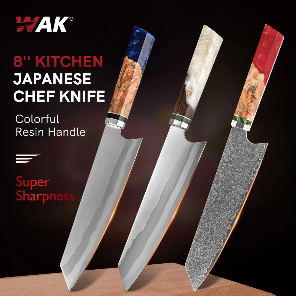 WAK 8 inch 440C Stainless Steel Chef Knife with Burning Blade Resin Turquoise Handle Butcher Knife Kitchen Sashimi Knife