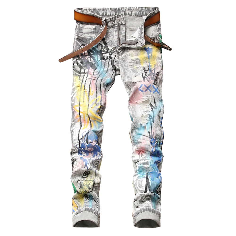 

Men's Colored Painted Printed Jeans Fashion Y2K Ripped Stretch Denim Pants Slim Straight Trousers