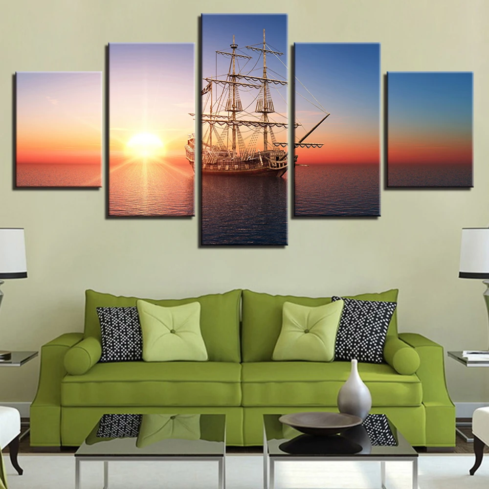 

5 Pieces Wall Art Canvas Painting Sunset Seascape Poster Sailing Boat Modern Living Room Home Decoration Pictures Free Shipping