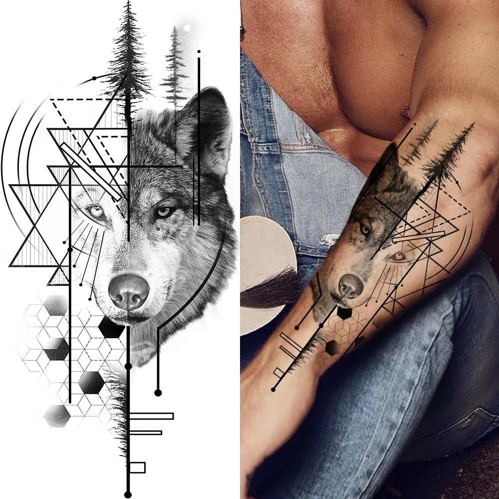 Tatuagem Temporária com Letras de Bússola para Homens e Mulheres, Lobo Falso Realista, Tatuagens Crânio, Adesivo Tigre, Floresta Negra, Adulto, Antebraço