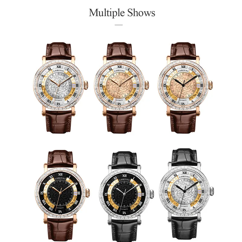 Reloj mecánico automático LOBINNI de marca de lujo para hombre, reloj de pulsera resistente al agua con calendario para hombre, reloj con correa de cuero, reloj Masculino