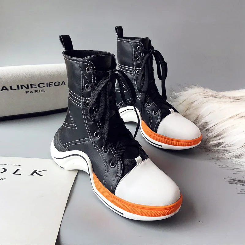 

Women Winter Lace Personality Up Ankle Boots High Quality Street Style Black White Casual Platform Sneakers Short Plush Booties