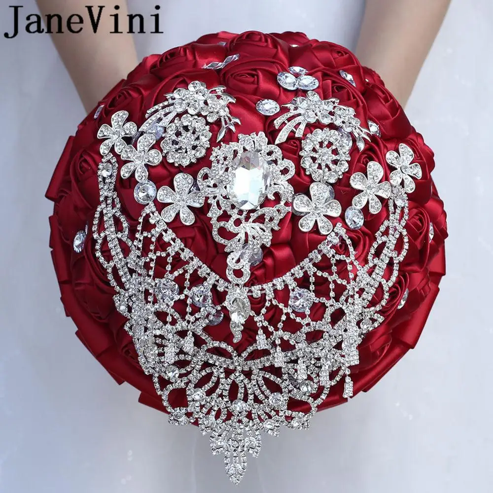 JaneVini Burgundy Rhinestone Wedding Bouquets with Silver Crystal Luxury Diamond Beaded Satin Rose Bridal Flower Bouquet 2019