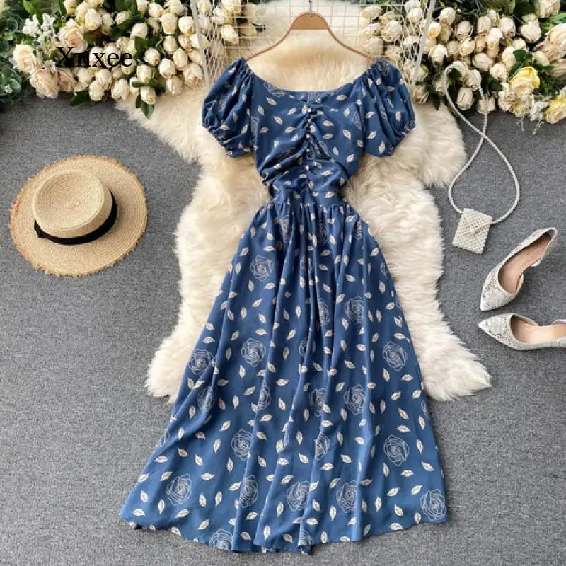 Spring Women's Twill Neckline Puff Sleeve Pleated Dress French Chic Floral Print High Waist Drawstring Women's Dress