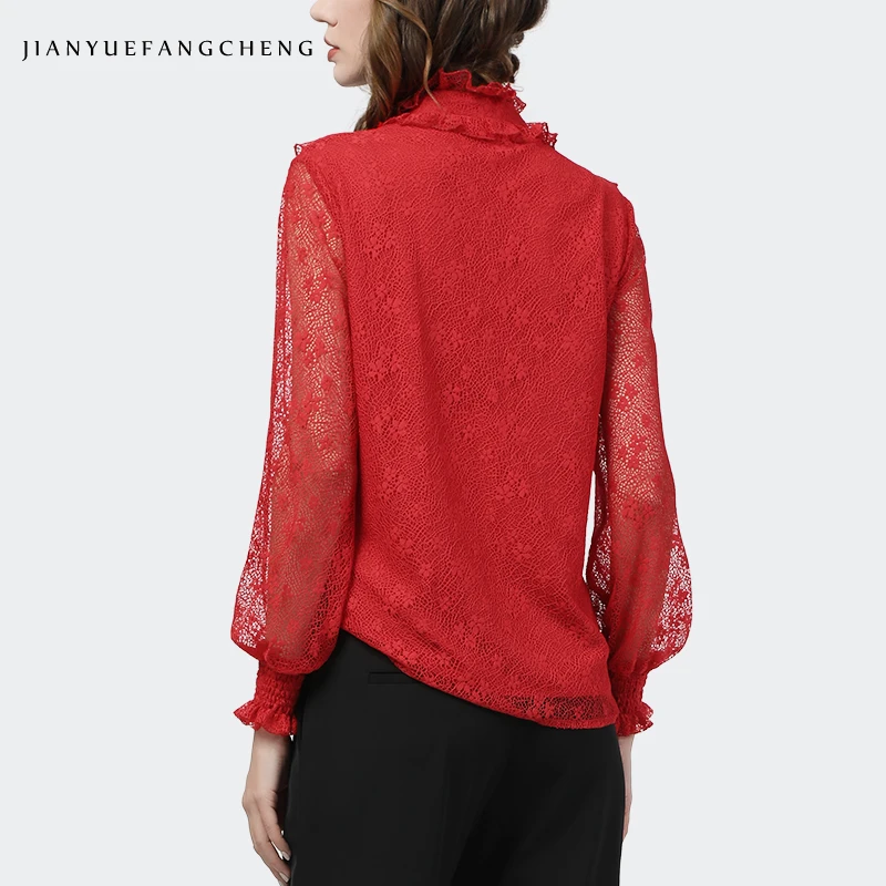 Temperament Red Lace Blouse Women Long Sleeve Fashion All-Match Hollow Out Beaded Ruffles Tops 2021 Spring Ladies Office Blouses