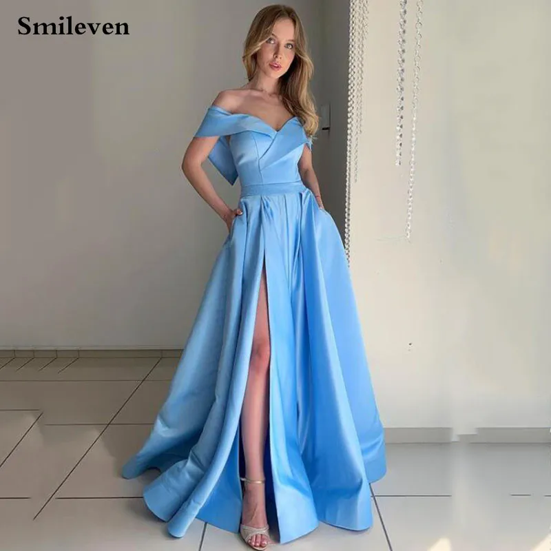 Smileven Sky Blue Satin Avondjurken A Line Corset Terug Prom Jurken Met Zakken Side Splitt Celebrity Partij Jassen