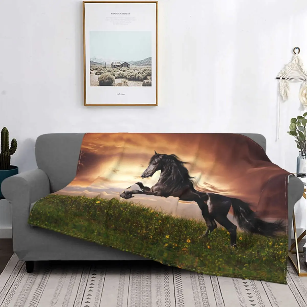 Beautiful Black Horse Blankets Coral Fleece Plush Print Galloping Animal Lovers Ultra-Soft Throw Blanket for Home Office Quilt