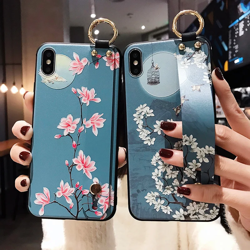 for OPPO Realme 5 6 Pro C15 C11  X2 Pro XT C2 U1 Reno 4 2 3 Phone Case 3D Emboss Art Leaf Flower Wrist Strap Phone Holder Cover