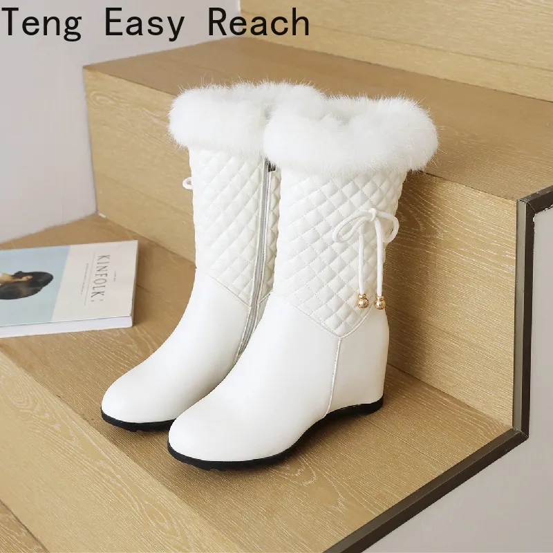 Winter white Real hair Women\'s Snow Boots Fashion Warm Plush Boots  Ladies Round Toe zip Slope heel snow boots size 33-43