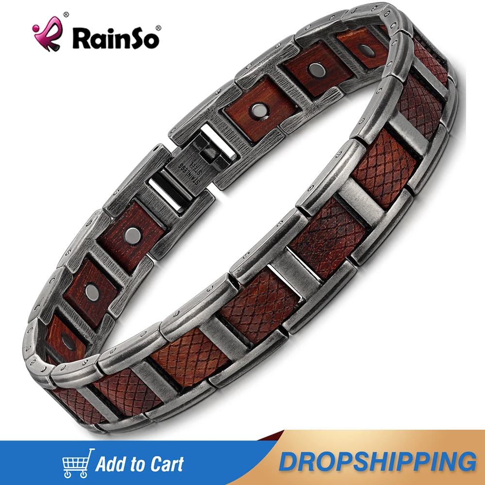 Rainso Fashion Stainless Steel Bracelets & Bangles For Man Zebrawood Charm Magnetic Wristband Friendship Jewerly Bracelet Viking