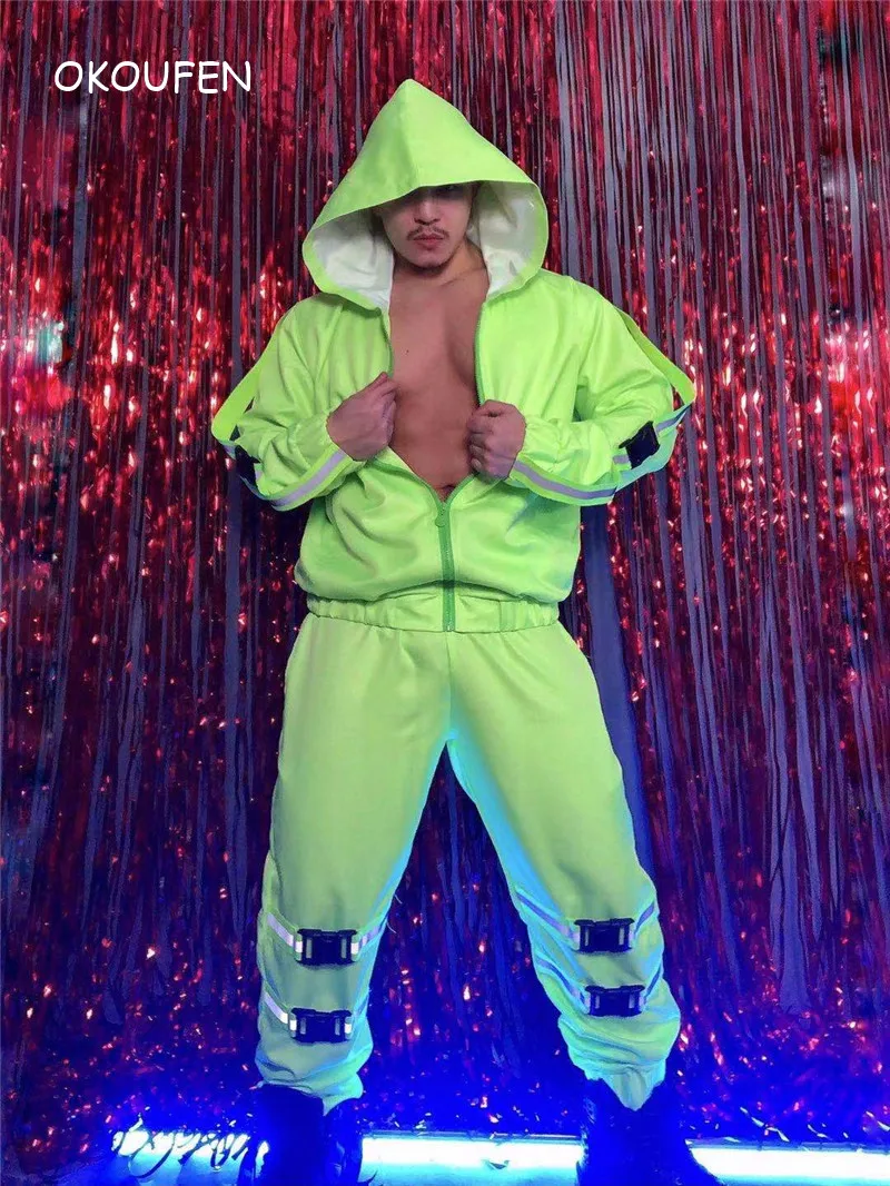 Fashion Reflective Fluorescent One piece Overalls Men\'s Hooded Zipper Tooling Jumpsuits Hip Hop Stage Show Dance Costume