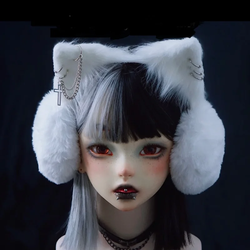 Faux Fur Black Rivet Earmuffs, Gothic Cadeia Cruz Metal, pelúcia Cat Ear, Streetwear quente, Ear Covers, regalos mais quentes, Harajuku Ear, Inverno