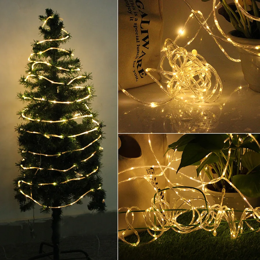 5/10/20/30M Christmas LED Tube Strip Light With Remote Outdoor Rope Fairy String Light AA Battery Garden Fence Tree Wrap Garland