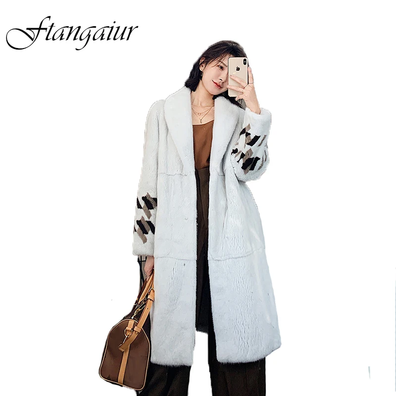 

Ftangaiur New Winter Import Crown Velvet Mink Fur Coat Patchwork Print Sleeve Mink Coats Women X-Long Real Mink Fur Coats