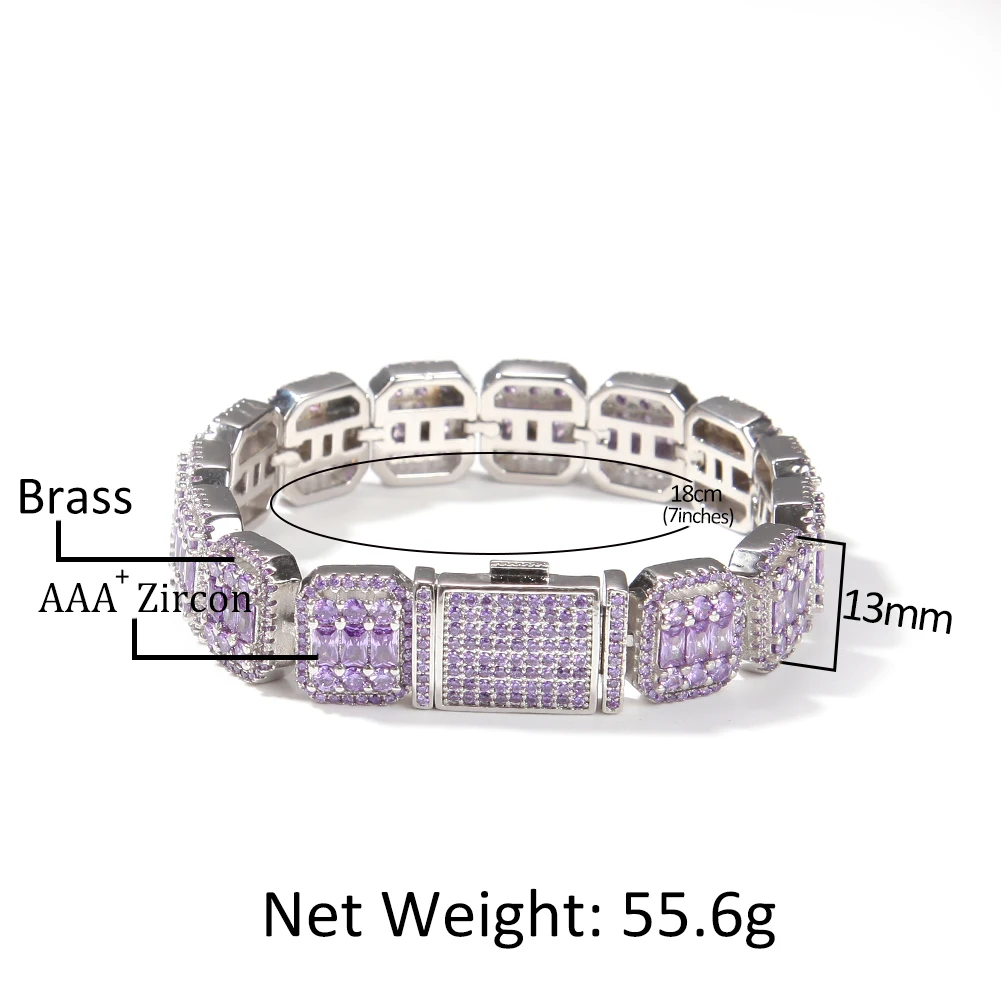 THE BLING KING 13mm Width Paved Bling Pink Square Baguettecz Stone Iced Out Zirconua Link Chain Bracelet Hiphop Jewelry For Gift