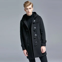 Mens Winter Cashmere Wool Overcoat Thick Wool Woolen Hooded Jacket Men Fashion Mid-length Trench Coat Plus Size 6XL