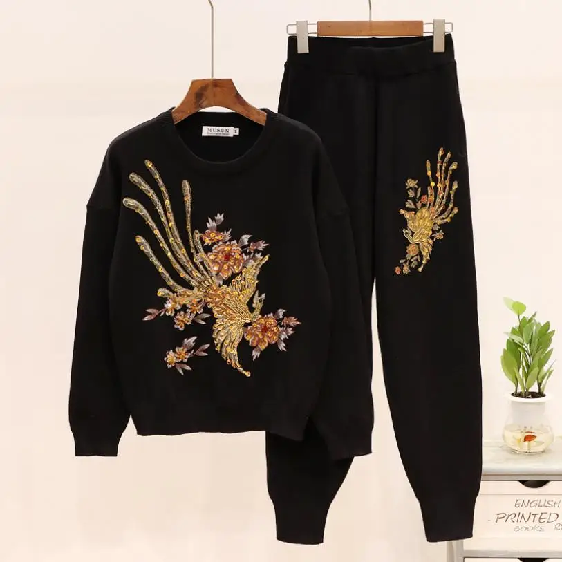 

Great quality diamond beading knit suits female heavy industry beading flower long sleeve sweater + pants two pieces sets F173