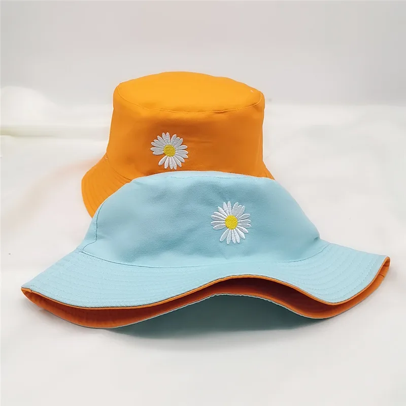 Summer Women Bucket Fishing Hats Sunscreen Sun Cap Little Daisies Embroidery Double-sided Wear Spring Lady Student Fisherman Hat