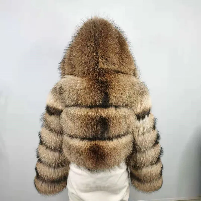 Custom New Trend Winter Wholesale Women Real Fox Fur Coat With Hood Custom Color Female Natural Raccoon Fur Short Jacket