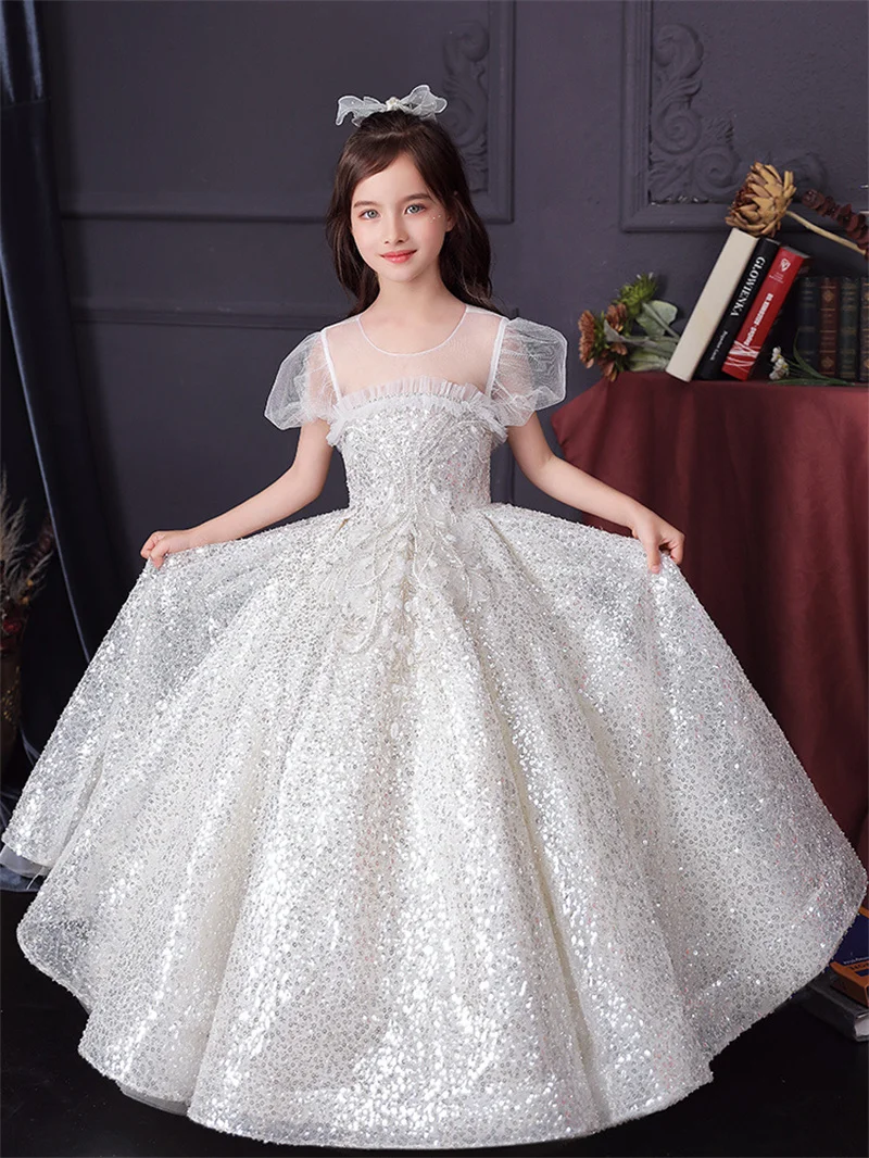 Shining Princess Tulle Scoop ดอกไม้สาวชุดเด็ก First Communion Ball Gown งานแต่งงานชุดรันเวย์แสดงประกวด