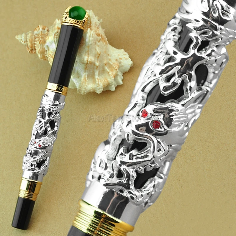 Jinhao Vintage Dragon King 18KGP M Nib Fountain Pen , Metal Embossing Green Jewelry on Top, Silver Drawing Refillable Ink Pen