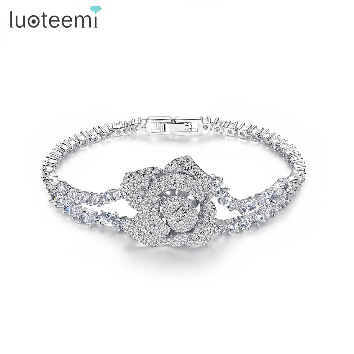 

LUOTEEMI Luxury Big Rose Flower 17/19CM Bracelet for Women Ladies Shining AAA Cubic Zircon Fashion Crystal Jewelry Gift Bangles