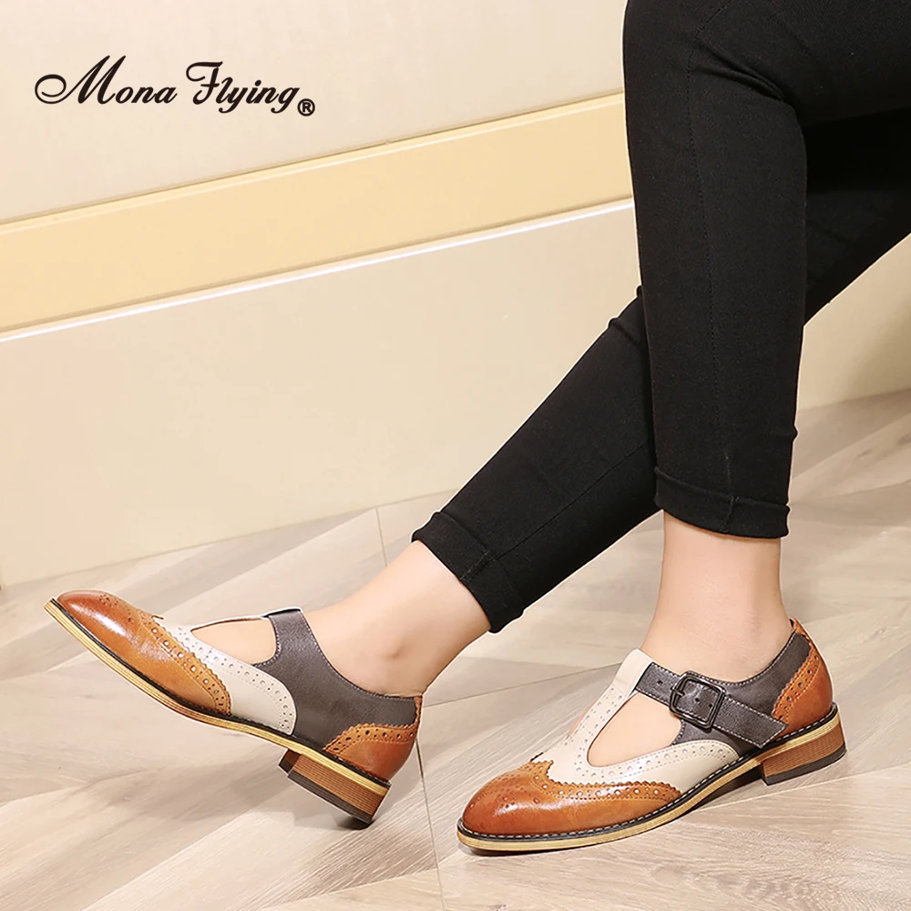 Mona Flying Womens Genuine Leather Mary Jane Loafers Pointed Toe Casual Flats Multicolor Buckle T Strap Shoes for L092-1