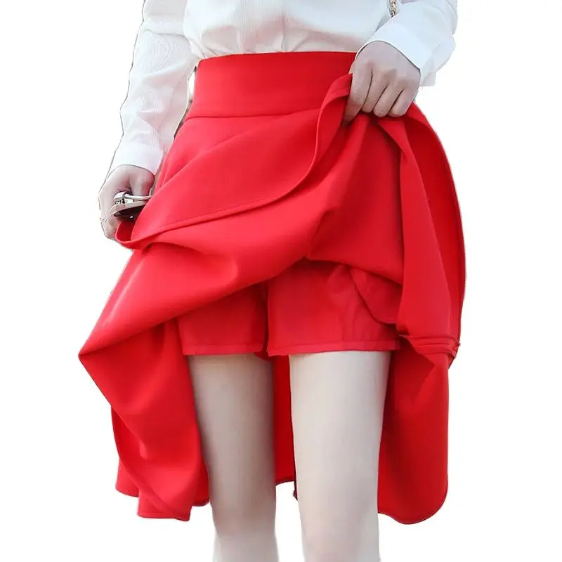 Women's High Waist Pleat Skirt Elegant Red, Black, Knee-Length Flared Skirts Women's Fashion Saia Ladies Autumn Winter