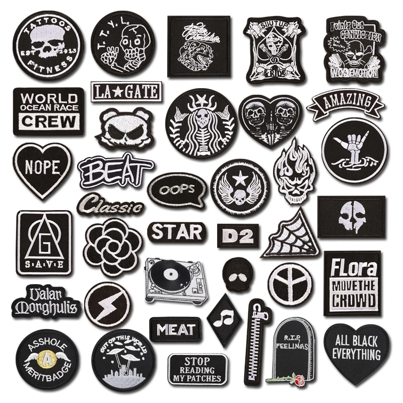 Black And White Embroidery Applique Ironing Sewing Supplies Decorative Badges Patches For Clothing ROCK BAND PUNK