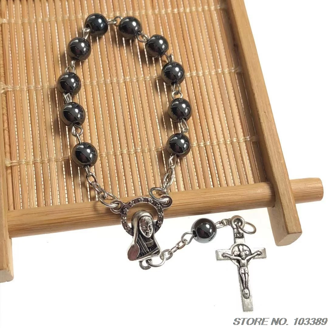 Rosario de cuentas de hematita de 6mm, centro de María Virgen con cruz de benedecto, favorito del bamptismo denario