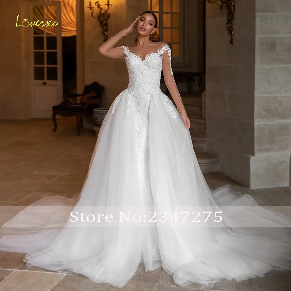 Loverxu abiti da sposa a sirena 2024 o-collo manica lunga abiti da sposa Appliques di pizzo in rilievo treno staccabile Vestido De Novia