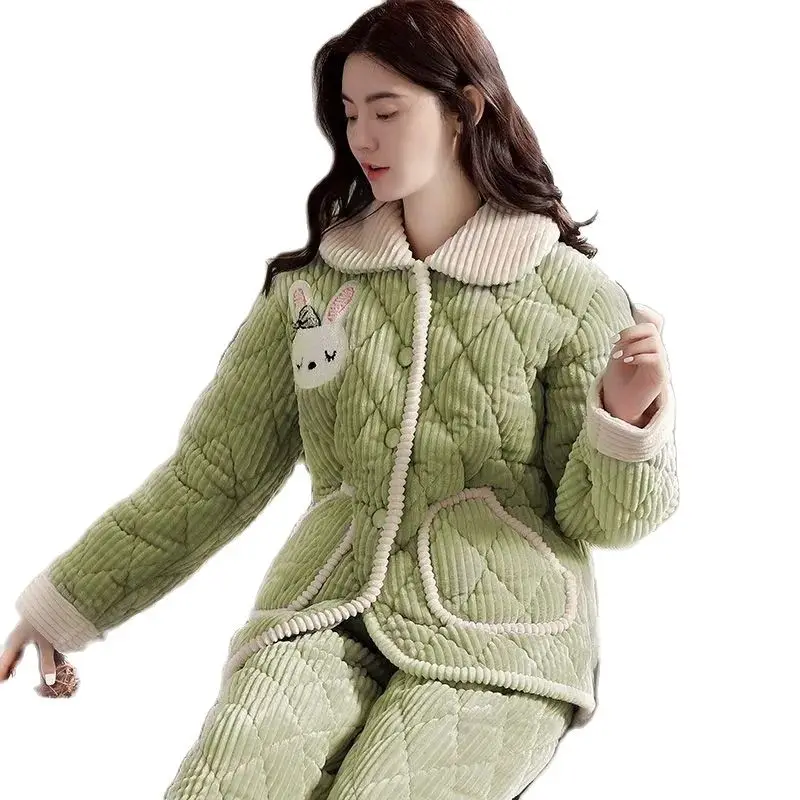 Pajamas Women Three-Layer Thickened Winter Sets Flannel Coral Fleece Padded Cotton Jacket Warm Pajamas Women Suit Jacket 2 PCS