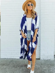 Tie-Dye Chiffon Long Cardigan Summer Light Women Kimono Blue White Stripe Pattern Half Sleeve Coats Casual Front Opening Overall