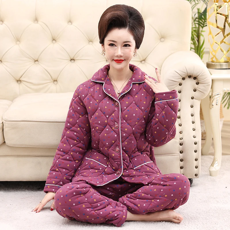 

Winter Pajamas Set Thick Warm Sleepwear Women Clip Cotton Pyjamas Long Sleeve Turn-down Collar Pijama 3XL Homewear