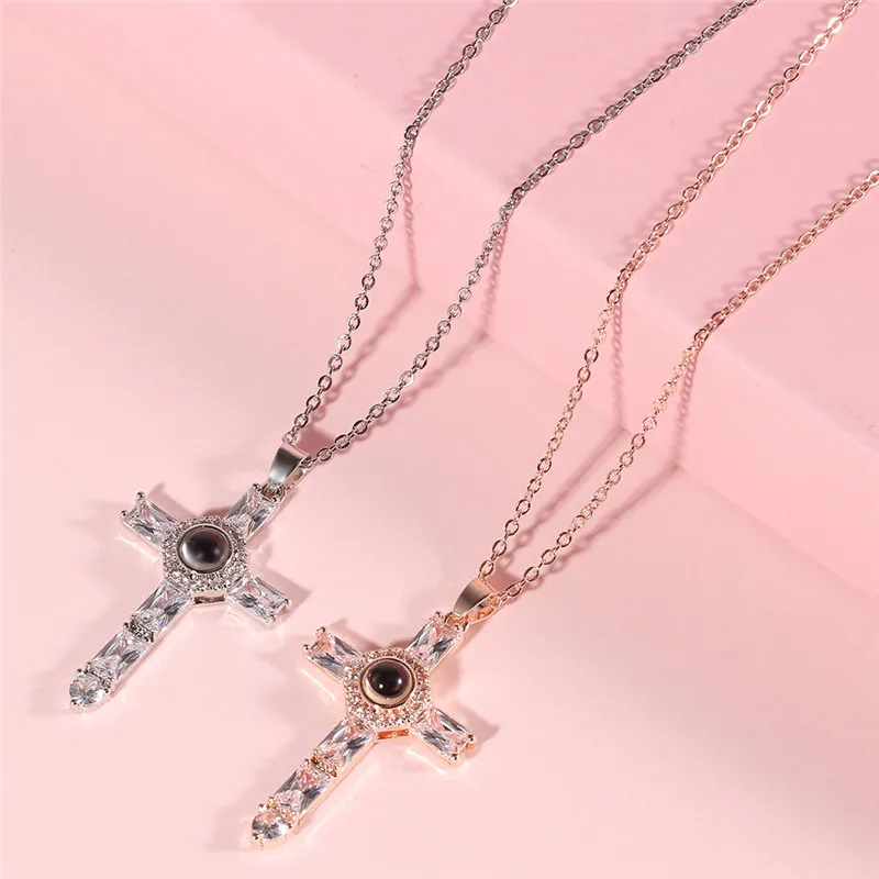 Orthodox Greek Pastor Church Cross Jesus Crucifix Pendants Necklace 100 Language Projection Necklaces Rose Gold Color for Women