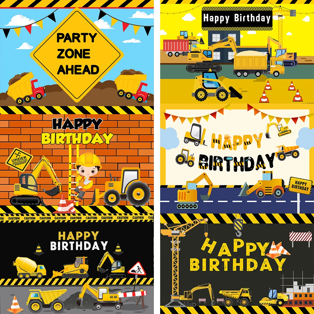 Tema de construção festa de aniversário foto pano de fundo escavadeira caminhão basculante fundo de aniversário bolo mesa menino decoração de aniversário banner