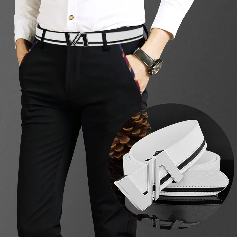 White V Letter Belt Men's Designer Casual Authentic Fashion Belt High Quality Leather Cintos Masculinos Ceinture Homme